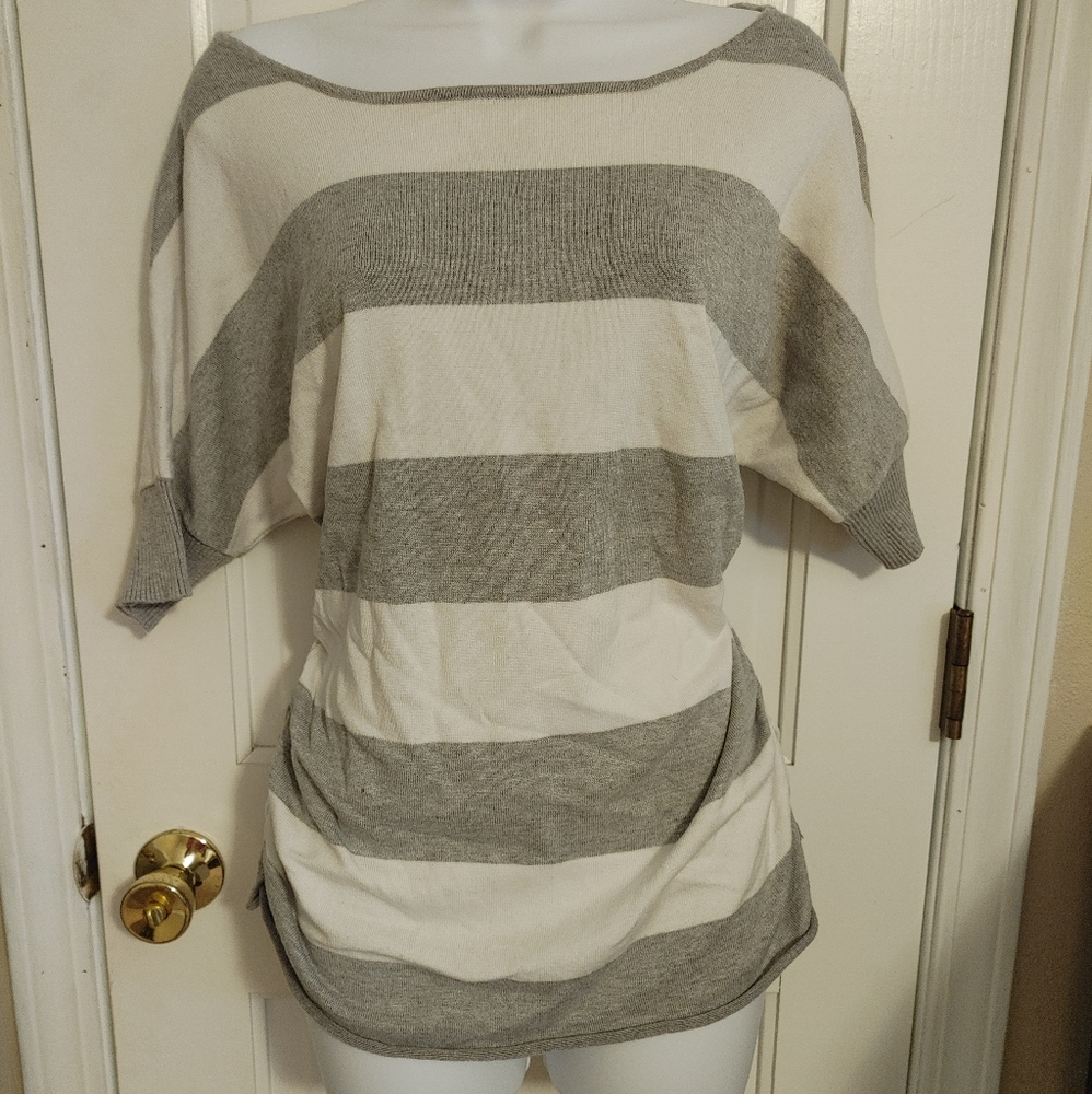 Dolman sleeve sweater, ruched sides, and open back